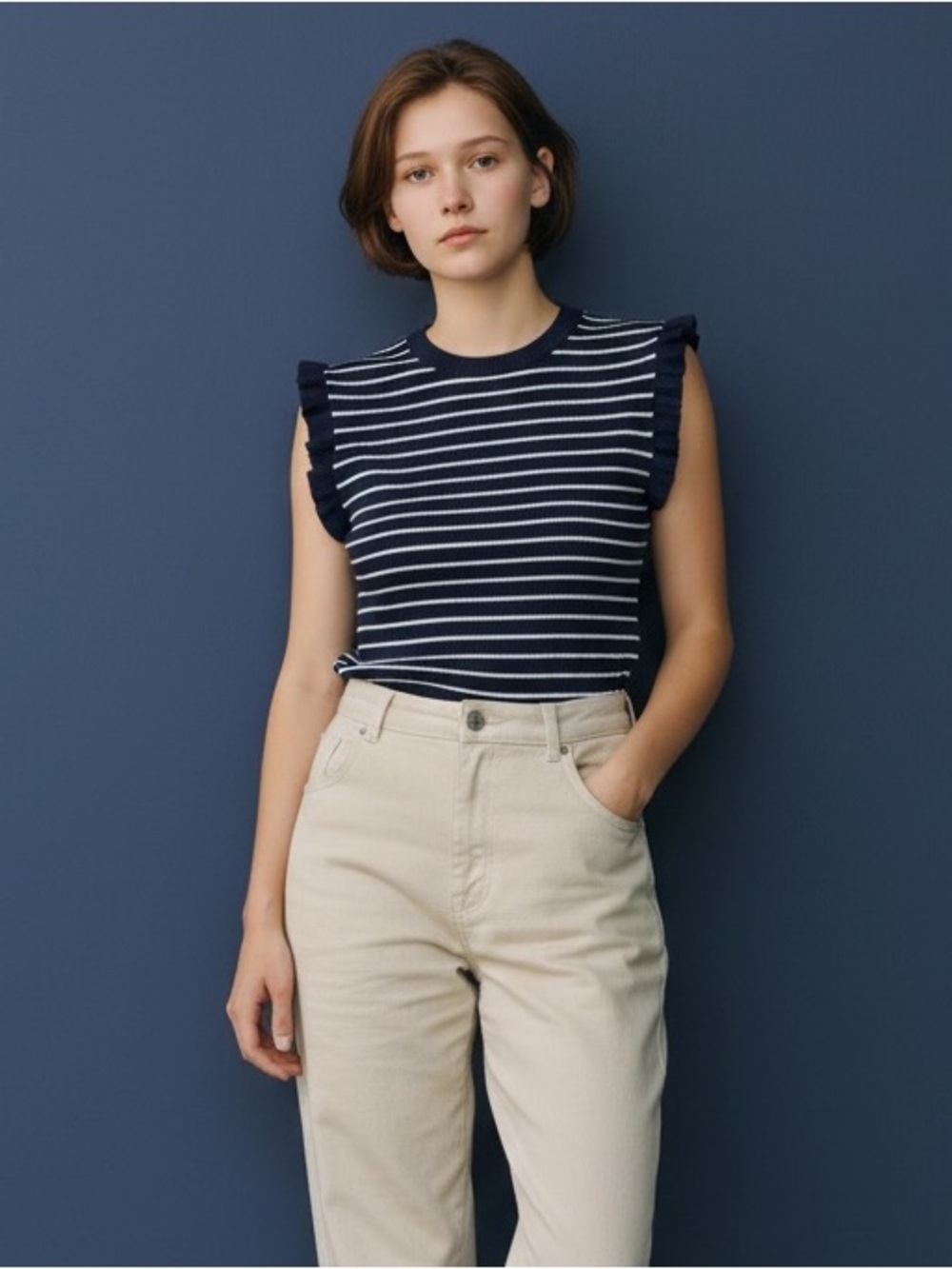 The Workshop Navy Striped Ruffle-Sleeve Knit Top